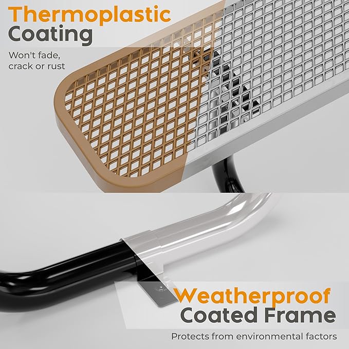 Metal Picnic Tables for Outdoors with Umbrella Hole - Coated Steel Heavy Duty Commercial Grade Table with Adjustable Seats (Brown, 46 in, Square with Back, Expanded Steel)