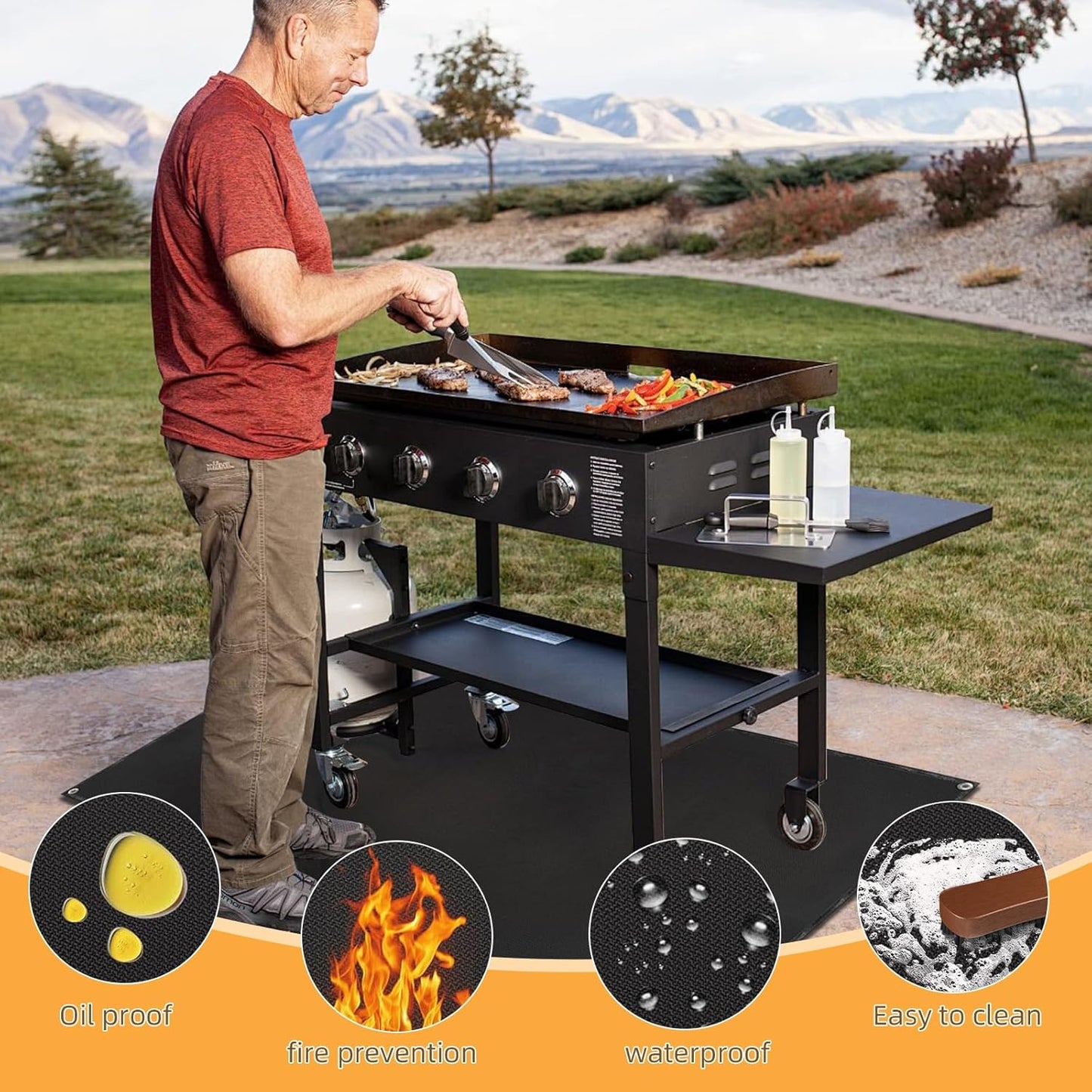 Under Grill Mat for Outdoor Grilling, 90 x 48 inches Double-Sided Fireproof Waterproof BBQ Protector for Deck and Patio Under Grill Mat for Outdoor BBQ