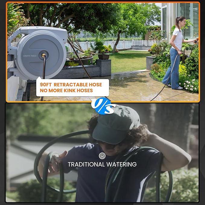 Giraffe Tools Retractable Garden Hose Reel, 5/8 in x 90 ft Heavy Duty Hose Reel With 9 Pattern Nozzle, Any Length Lock, Wall Mount Water Hose Reel, 180°Swivel, Light Grey
