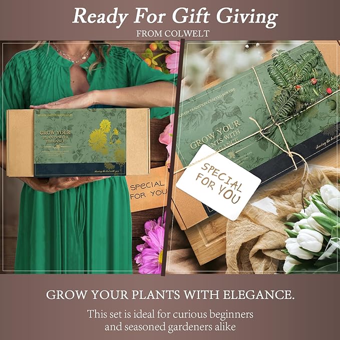 Colwelt Garden Tools Set, 8 Piece, Heavy Duty Gardening Tools with Wooden Handle, Including Garden Tote, Kneeling Pad, Gloves, Pruner, Trowel, Tulip Trowel, Cultivator - Gardening Gifts for Women Men