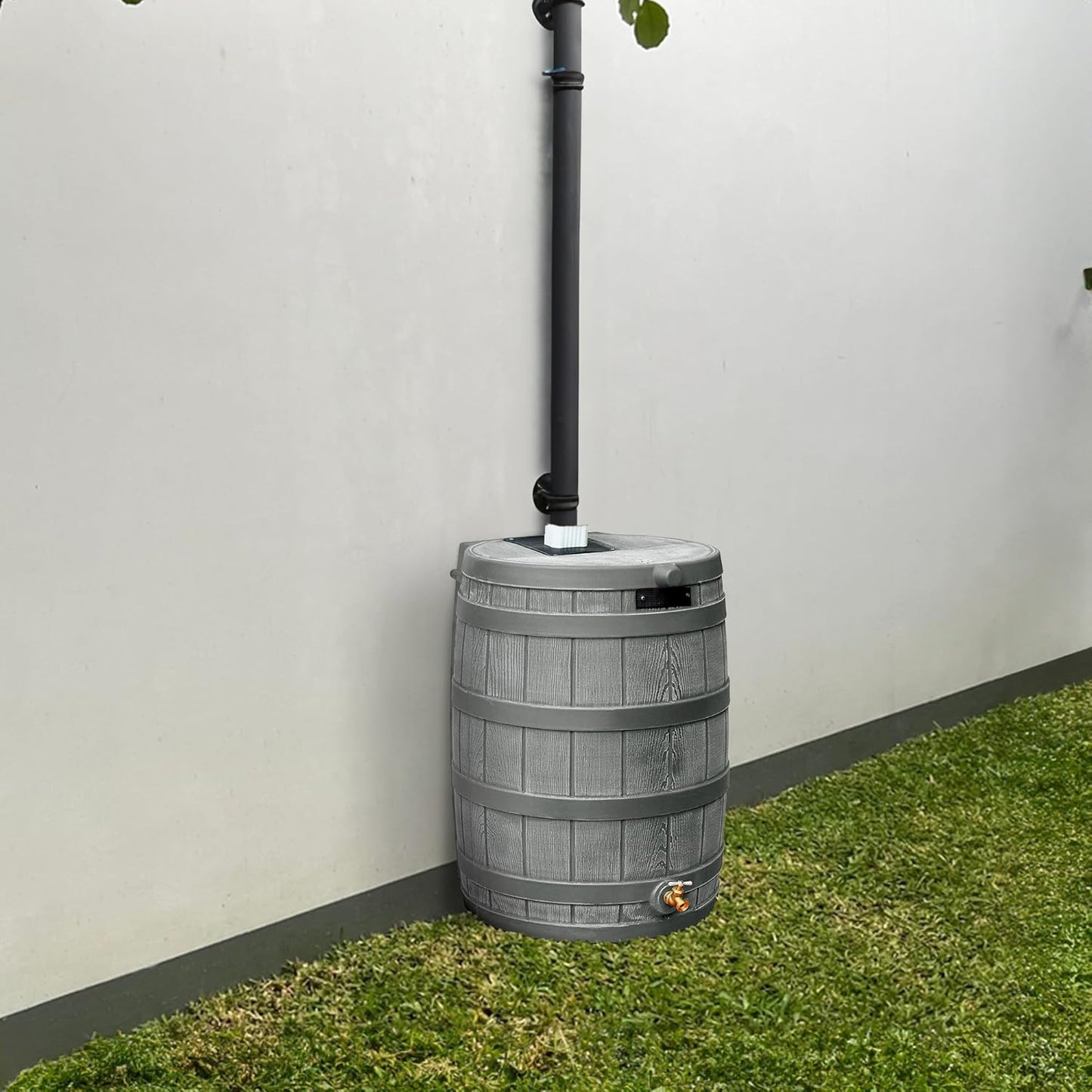 Good Ideas Rain Wizard 50 Gallon Plastic Outdoor Home Water Storage Tank Rain Barrel Collector with Brass Spigot and Flat Back Design, Gray