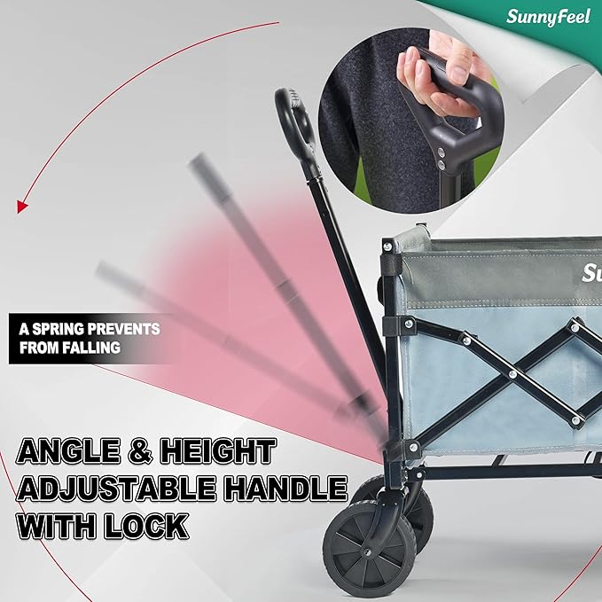 SUNNYFEEL 49''L 550lbs Heavy Duty Wagon Cart Foldable with Wheels,Extra Long Fold Up Wagons Carts with Side Pocket and Brakes for Camping Sports Garden Shopping (Blue)