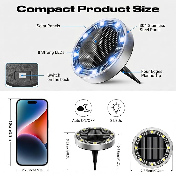 Peasur Mini Solar Ground Lights Outdoor, 4 Pack Flat Solar Powered Disc Lights - Image 5