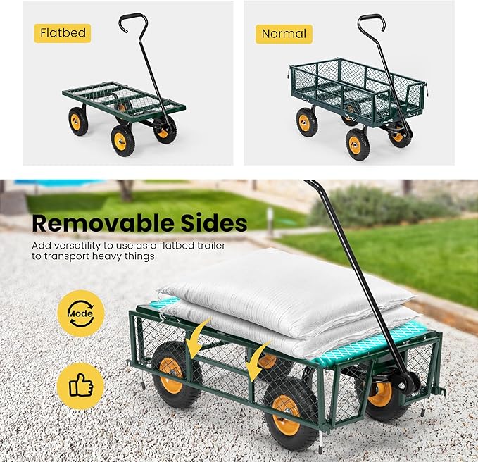 VIVOHOME Heavy Duty 550 Lbs Capacity Mesh Steel Garden Cart Folding Utility Wagon with Removable Sides (Green)