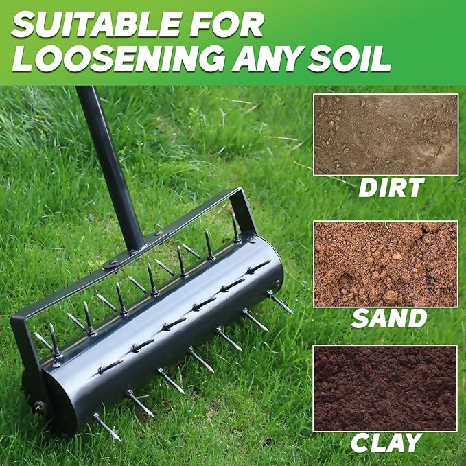 Rolling Lawn Aerator with 42 Spikes, No Assembly Required, Heavy-Duty Manual Lawn Tool for Soil Loosening and Grass Root Growth, Garden Yard Aeration Tool