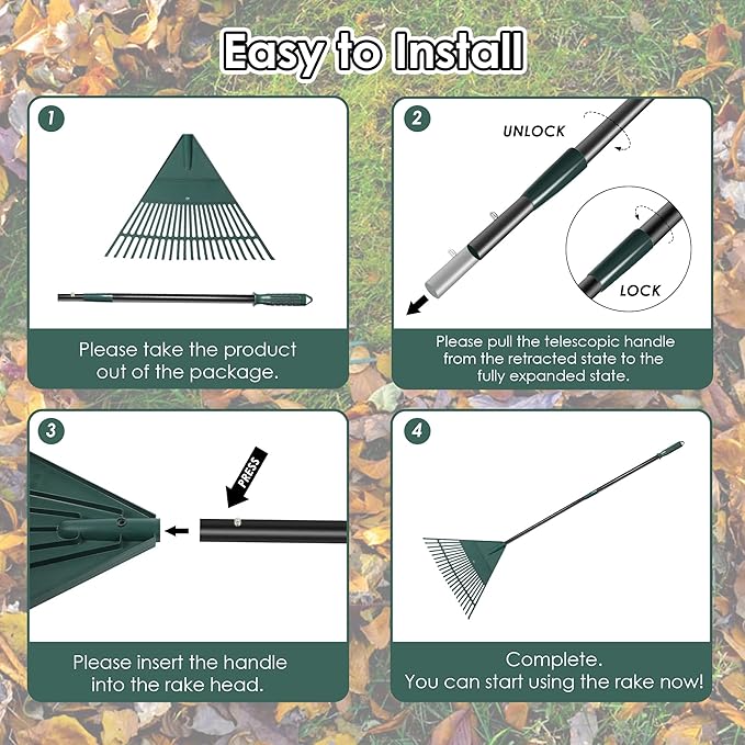 ORIENTOOLS Garden, Adjustable Lightweight Steel Poly Shrub Rake, Plastic Head, 22 Tines, 42 to 60 inches (Black Handle)