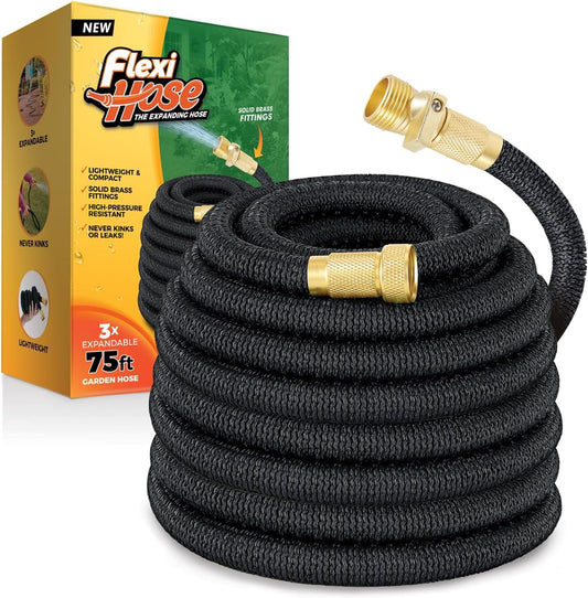 Flexi Hose Lightweight Expandable Garden Hose, No-Kink Flexibility, 3/4 Inch Solid Brass Fittings and Double Latex Core (75 FT, Black)
