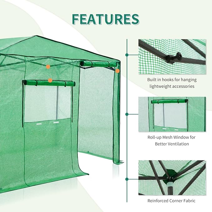 EAGLE PEAK 8x6 Portable Walk-in Greenhouse, Pop-up Indoor Outdoor Garden Green House, Zippered Door and Window, PE Cover, Green