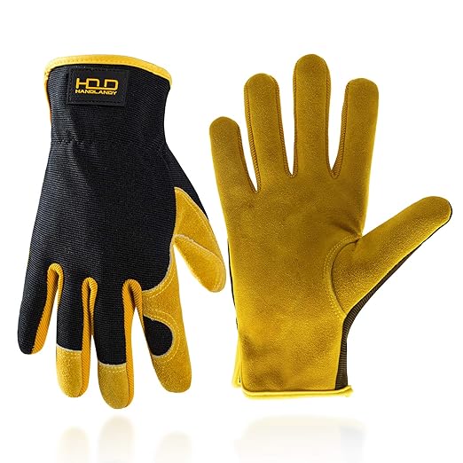 HLDD HANDLANDY Garden Gloves Men, Leather Work Gloves for Men & Women, Cowhide Gardening Gloves Utility Work Gloves for Mechanics, Construction, Driver (L, Yellow)
