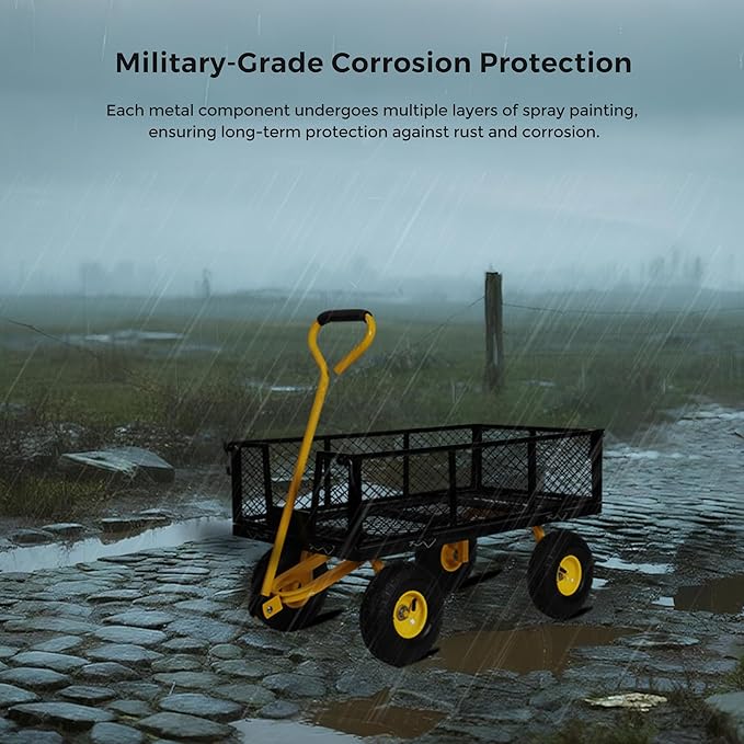 SUNNYFEEL 900 Lbs Capacity Heavy Duty Mesh Steel Garden Cart, Folding Utility Wagon with Removable Sides,10 Inch Flat Free Tires, Black & Yellow