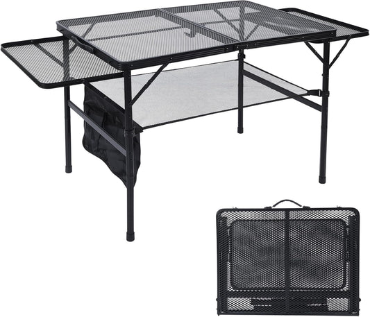 Folding Grill Table, 3x2 FT Portable Camping Table with 2 Wing Panels, Height Adjustable Metal Tables with Mesh Desktop and Mesh Bag, Outdoor Furniture for Camping, Picnic, Beach and BBQ, Black