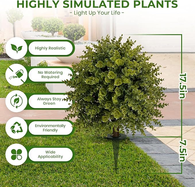 ICX 2 Set 25" Artificial Eucalyptus Topiary Ball Trees with Ground Spike,Artificial Plants Outdoor,Fake Bushes & Shrubs for Porch, Garden, Front Porch Decor - Indoor/Outdoor Faux Plants