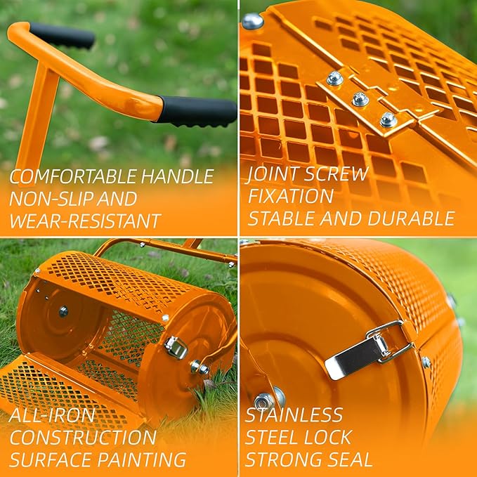 Heavy-Duty Compost Spreader for Lawn,Peat Moss Spreader,Fertilizer Spreader Roller with Adjustable Handle,Manure Spreaders for for Lawn Top Dressing,Seedling,Top Soil,Heavy Duty Metal Mesh Lawn Roller