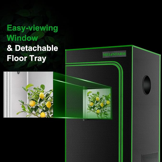 MELONFARM 24"x24"x32'' Grow Tent, High Reflective 600D Diamond Mylar Canvas with Observation Window and Floor Tray for Hydroponic Indoor Plant Growing