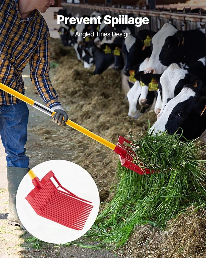 VEVOR Manure Fork, 18 Angled Tines, Horse Manure Rake with Long Fiberglass Handle, 61 in Durable Plastic Pitchfork Muck Rake Tool for Gardening Horse Stall Stable Grass Hay Cleaning Farm Work