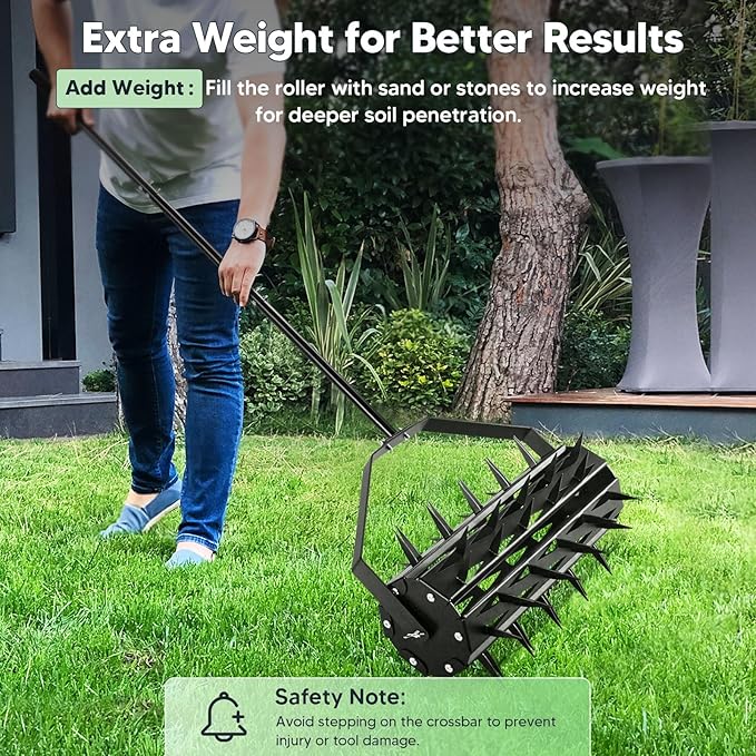 Rolling Lawn Aerator, Rotary Spike Lawn Aerator, Heavy Duty Manual Aerator Lawn Tool, 17-Inch Push Spike Aerator Roller with Adjustable Steel Handle for Garden, Lawns, Patio and Yard Grass Aeration