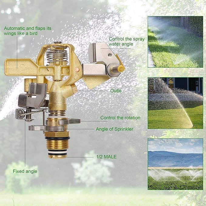 Biswing 1/2 Inch Brass Impact Sprinkler 2 Pack, Heavy Duty Lawn Sprinkler Head with Nozzles, Adjustable 20-360 Degree Large Coverage Pattern, Watering Sprinkler for Grass Patio Garden Irrigation