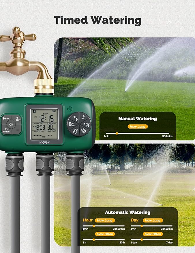 MOES 3 Outlet Sprinkler Timer, Brass Inlet, Programmable Automatic Irrigation Controller, Rain Delay, Manual Watering, 3 Zone Water Hose Timer for Gardens, Lawns, and Hose Systems