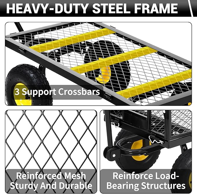 Heavy Duty Steel Garden Cart, 1100LBS Pullable Metal Garden Wagon with 10" Wheels, 180° Rotating Handle and Removable Sides for Outdoor, Farm, Yard, Beach ﻿