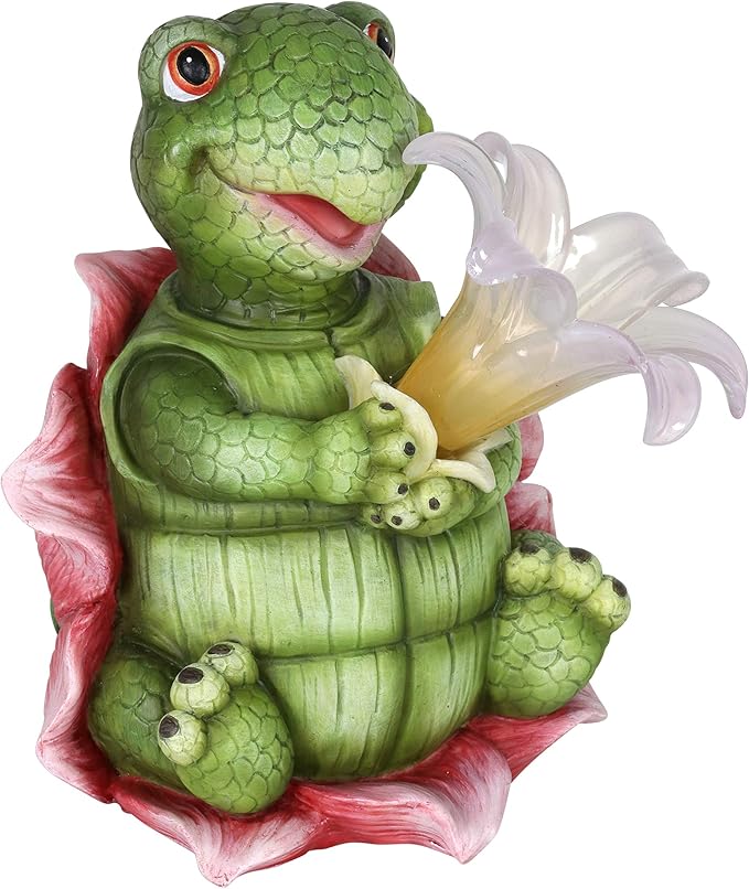 Exhart Solar Turtle Garden Statue, LED Lily Flower, Durable Resin, Cute Yard Décor, 7.5"x5.5"x8.5"