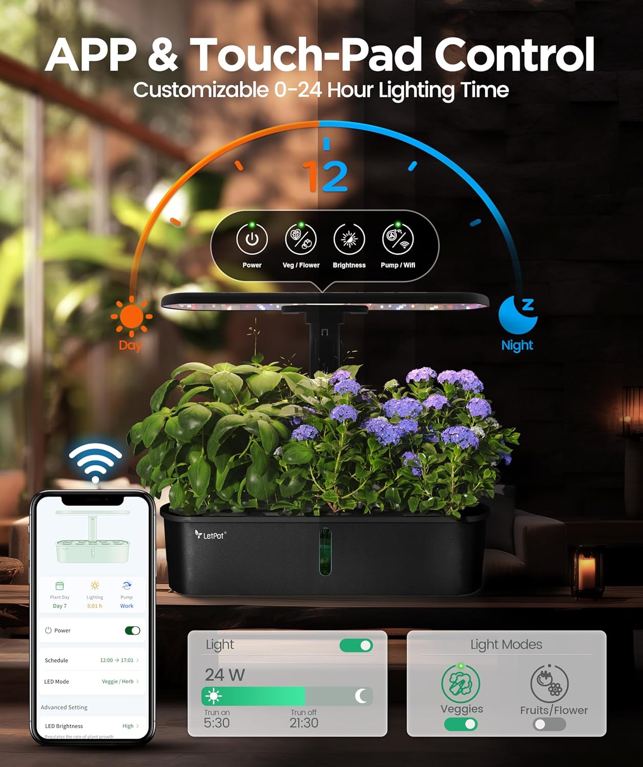 LETPOT LPH-Air Hydroponics Growing System Kits, APP & WiFi Controlled Smart Indoor Garden with 24W Grow Light Full Spectrum, 10 Pods Planter Indoor Gardening for Gifts, Kitchen, Vegetable (Black)