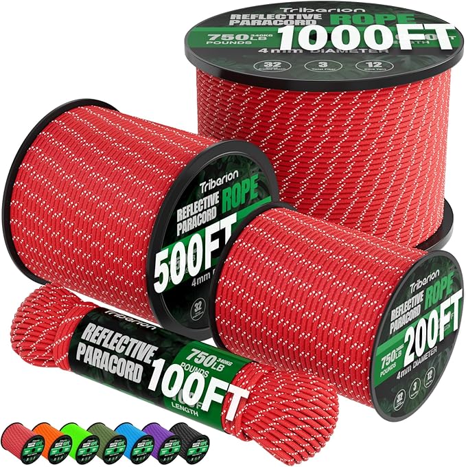 Reflective Paracord Rope 750 lb - 500ft 5/32" Parachute Cord 4MM 12-Strand para by Triberion
