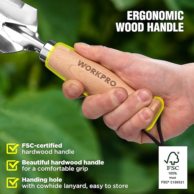 WORKPRO 12.5" Weeder Puller Tool with Wood Handle, 4-in-1 Polished Stainless Steel Garden Trowel, Hori Hori Garden Knife for Easy Weeder Removal, Planting, Weeding, Small Gardening Hand Tools