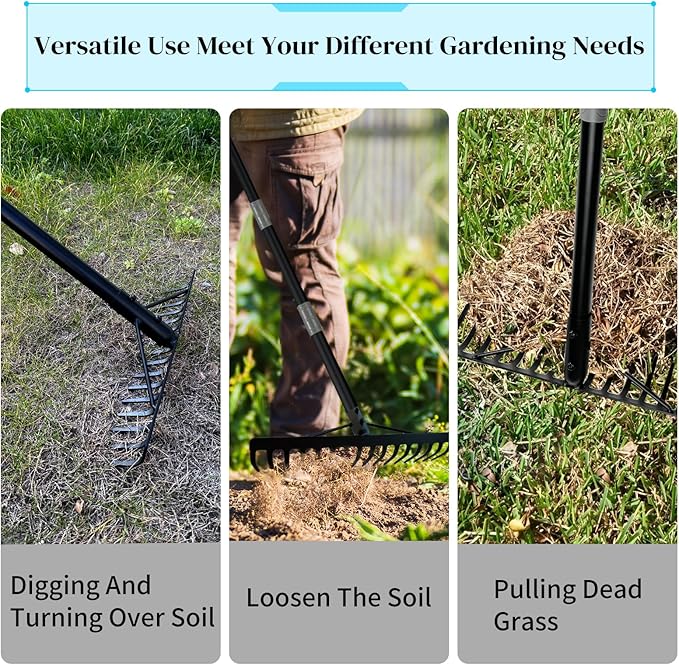 Heavy Duty Bow Rake with Stainless Steel Handle for Farming Land Management Leaf Gathering Durable Ergonomic Garden Tool with 16 Tine Head 63 Inch Assemble Long Shaft Suitable for Large Areas