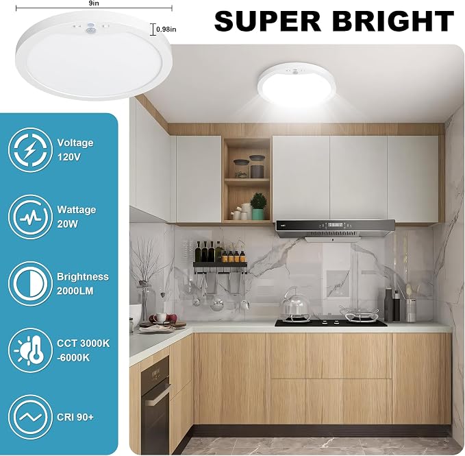 Hard-Wired Motion Sensor Ceiling Lights, 9in 20W Flush Mount Motion LED Ceiling - Image 6