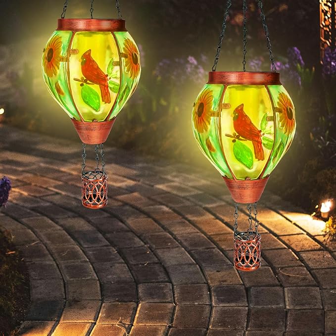 Solar Hot Air Balloon Lantern with Flame， Cardinal Glass Solar Hanging Lights Outdoor Yard Patio Farmhouse Decoration, Cardinal Gifts for Women Grandma Mom - Cardinal