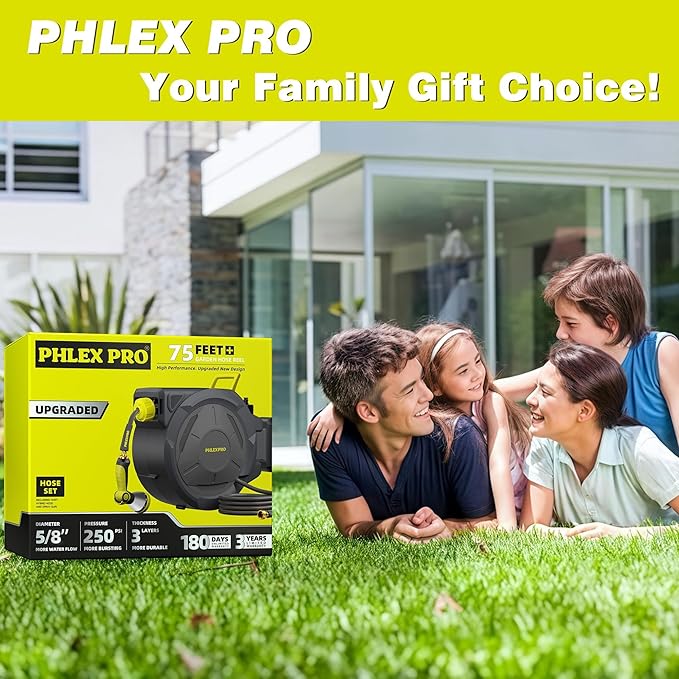 Retractable Garden Hose Reel 5/8 in x 75 ft Heavy Duty Automatic Water Hose Reel Wall Mounted with 10 Pattern Nozzle,Any Length Lock, Slow Return System, 180°Swivel Bracket