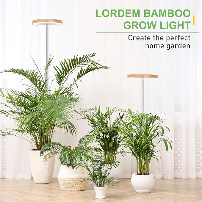 LORDEM Bamboo Grow Light for Indoor Plants, Full Spectrum LED Plant Grow Light, Height Adjustable Growing Lamp with Auto Timer 4H/8H/12H, 4 Dimmable Levels, Ideal for Large Tall Plants, 2 Pack