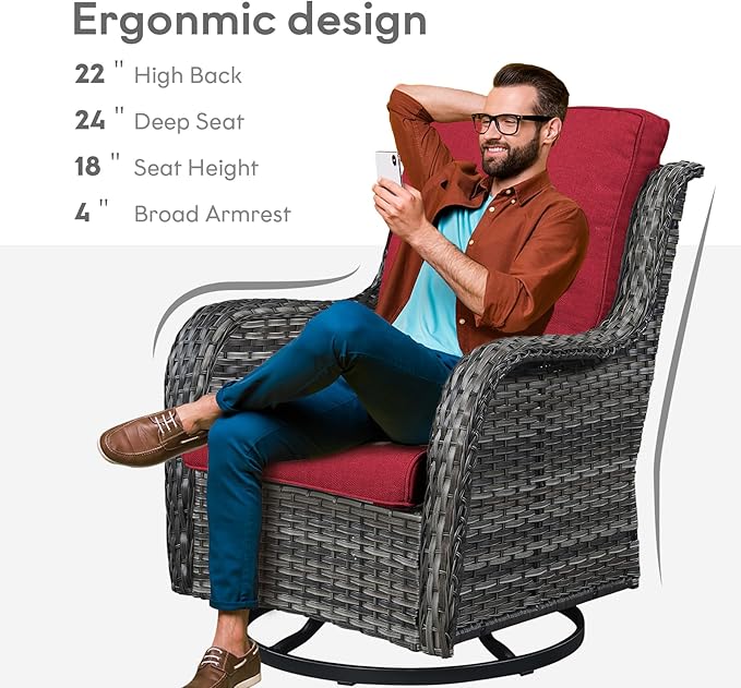 Outdoor Swivel Rcoker Wicker Chairs - Swivel Patio Chairs Set of 2 Patio Furniture Sets with Covered Cushion for Porch Deck Balcony Backyard, Red