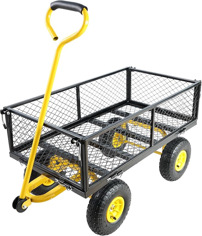 Steel Garden Cart 400 lbs Capacity with Removable Steel Mesh Sides to Convert into Flatbed, Utility Metal Wagon 180°Rotating Handle Multi-Purpose