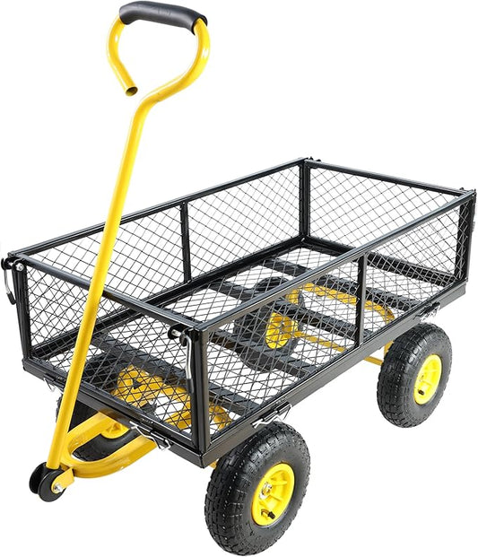 Steel Garden Cart 400 lbs Capacity with Removable Steel Mesh Sides to Convert into Flatbed, Utility Metal Wagon 180°Rotating Handle Multi-Purpose
