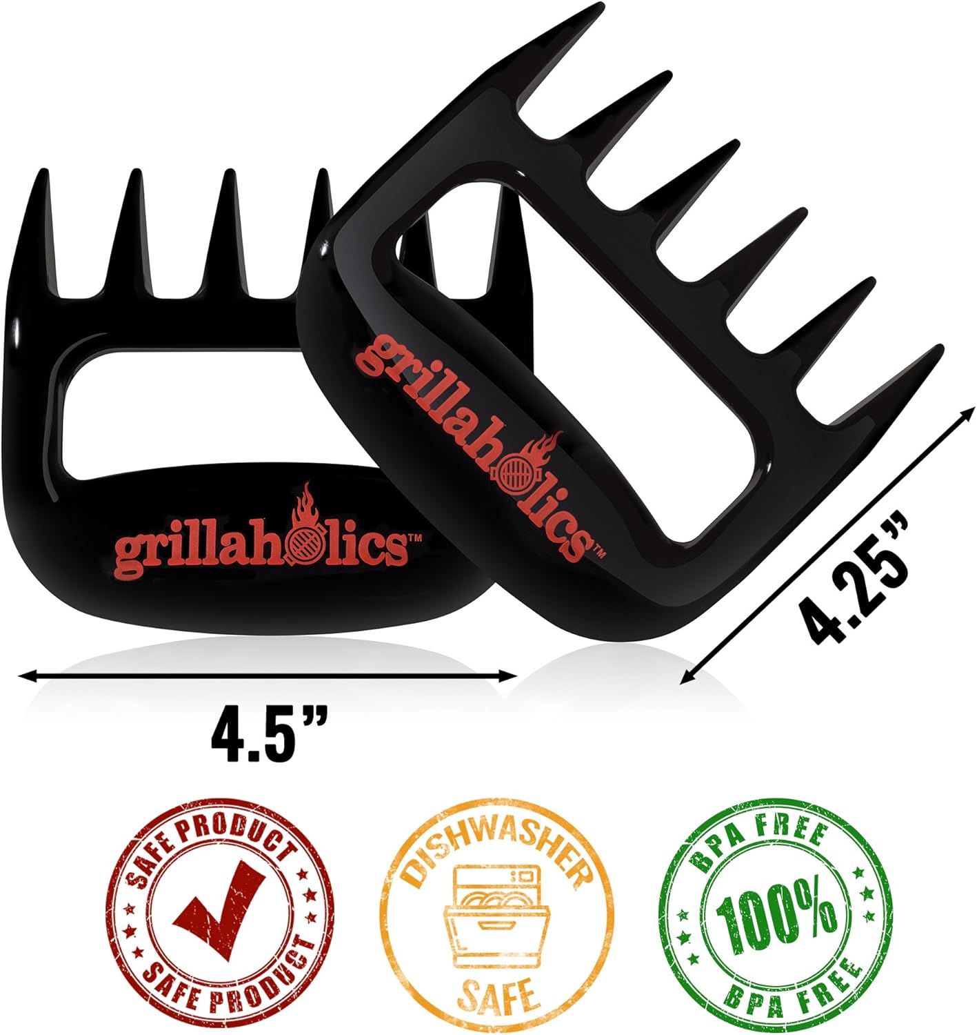 Grillaholics BBQ Meat Shredder Claws - Wolverine Style Ultra-Sharp Blades Quickly Lift Handle & Shred Meats - Best Dishwasher Safe Bear Claw Pulled Pork Meat Shredders in BBQ Grill Accessories (Black)