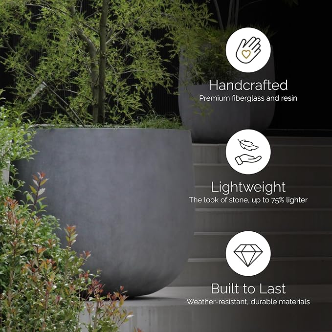 Mondo Large Planter – Concrete Stone Finish – Fiberglass Indoor/Outdoor and Weather-Resistant Round Planter (26" D x 24.6" H Exterior, 24.6" D x 24" H Interior)