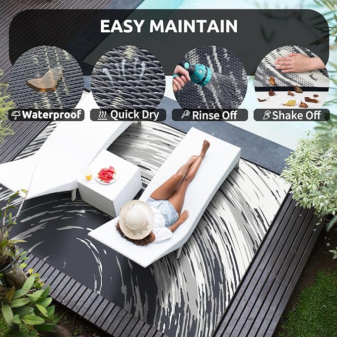 COCOER Modern Outdoor Rug 9x12 Reversible-Waterproof Outdoor Patio Rug-Quick Dry Outdoor Area Rugs Indoor Outdoor Rugs-Outside Rug Patio Decor for Porch Deck Balcony Backyard