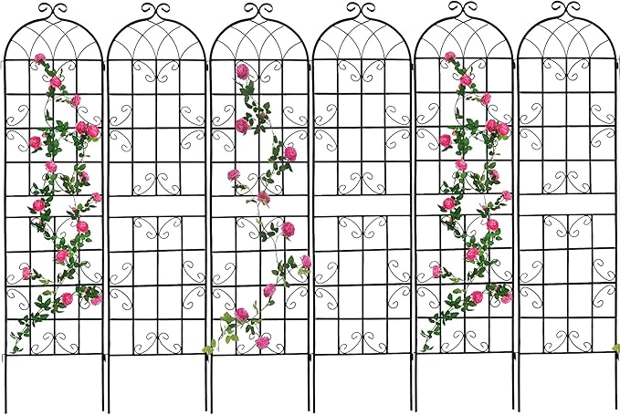 6 Pack Metal Garden Trellis 86.7" H Garden Fence Rustproof Trellis for Climbing Plants Support Roses Flower Outdoor Lawn, Black 7.2FT Tall