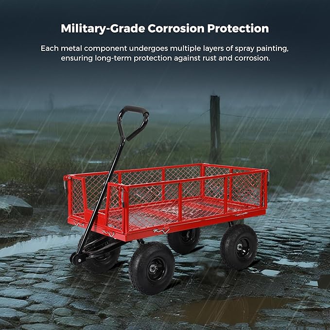 SUNNYFEEL 900 Lbs Capacity Heavy Duty Mesh Steel Garden Cart,Folding Utility Wagon with Removable Sides,10 Inch Flat Free Tires, Red