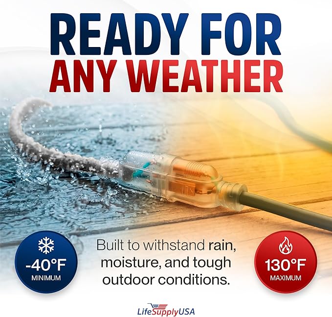 25ft Outdoor/Indoor Extension Cord 14/3 Gauge Heavy Duty 3 Prong SJTW, - Image 5