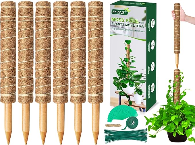 EAONE Moss Pole 126 Inch, 6 Pack 21" Monstera Plant Support for Climbing Potted Live Plants Indoor, Stackable Coco Coir Moss Sticks Monstera Stakes for Pothos Philodendron, with Garden Labels & Ties