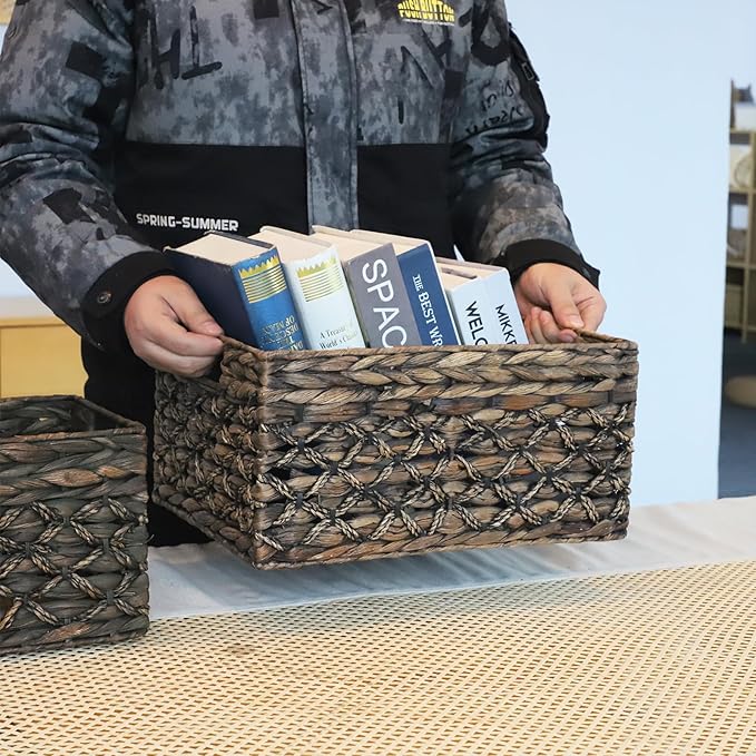 Rectangular Woven Water Hyacinth Basket,Dark Storage Basket With Inside Handle Shelves Kitchen Office Desk (Small)