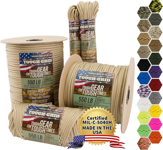 TOUGH-GRID 550 Paracord, Type III Mil-Spec Nylon Rope - 500 Ft Buckskin by TOUGH-GRID