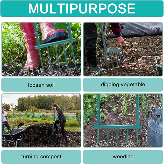 Broad Fork Garden Tool, 5 Tines 20 in Broadfork Hand Tiller, 55 inch Heigh Pitch Fork, Ergonomic U-Shaped Design, Spading Digging Fork for Gardening, Cultivating, Aerate Clay Soil for Farm