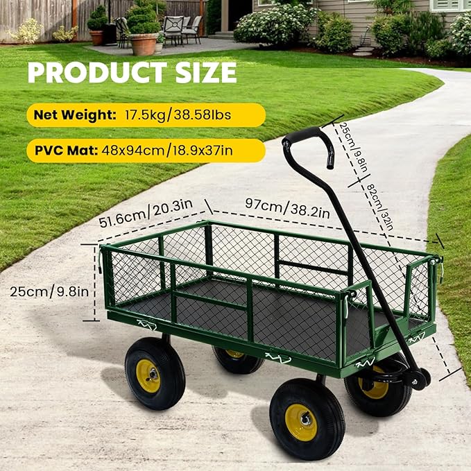Steel Garden Cart, 2-in-1 Heavy Duty Utility Wagon 900 LBS Capacity Carts with Removable Mesh Sides to Convert into Flatbed, 240° U-Turn 10" Pneumatic Tires Garden Wagon for Lawn Camping Farm Yard