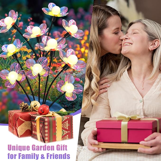 Solar Garden Lights Outdoor, NBQQ New Upgraded 4-Pack Firefly Solar Lights with Iridescent Petals & Warm White Glow - Waterproof Wind-Swaying Decor for Yard, Patio