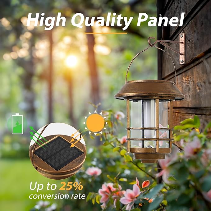 Otdair Solar Wall Lantern Outdoor, Flickering Flames Solar Sconce Lights Outdoor, Hanging Solar Lamps Wall Mount for Front Porch, Patio and Yard, 2 Pack, Yellow Bronze