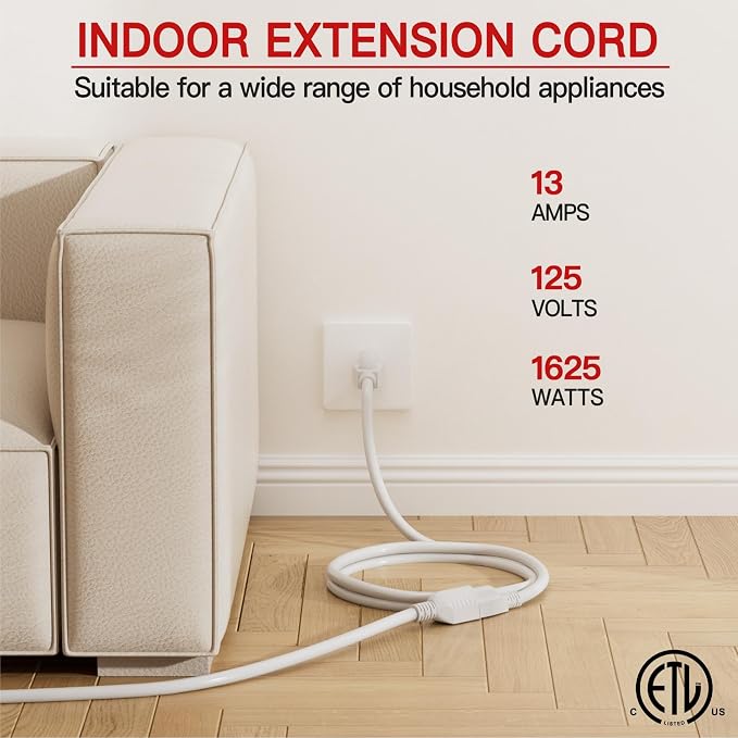 16/3 Short Extension Cord 20 FT 2 Pack, Indoor 3 Prong Power Cable, Suitable - Image 3