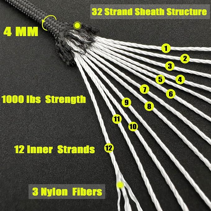 VVAAGG 1000 Paracord Rope 200FT Utility Parachute Cord 4mm 12 Strand Nylon Rope - Image 2
